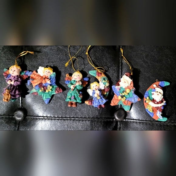 Vintage Christmas Ornaments Patchwork Angels&Santas Resin Molded Set 6 pcs. - Picture 1 of 11